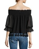 Fontane Off-the-Shoulder 3/4-Sleeve Tassel-Trim Top, Onyx