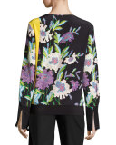 Floral-Print Silk Crossover Tie Blouse, Multicolor