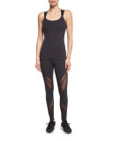 Swiss-Dot Mesh-Panel Long Sport Leggings, Converged Black