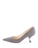 Suede Comma-Heel Pointed-Toe Pump, Nebbia