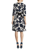 Ella 3/4-Sleeve Floral Ottoman Dress, Blue