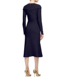 Button-Trim Long-Sleeve Midi Dress, Navy