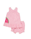 Sleeveless Striped Seersucker Watermelon Dress w/ Bloomers, Pink, Size 3-24 Months