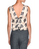 Shantung Sleeveless Tie-Back Blouse, White/Black