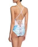 Waves Lace-Up Maillot One-Piece Swimsuit