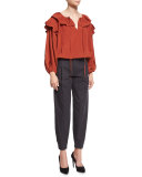 Plisse-Collar Self-Tie Blouse, Burnt Sienna