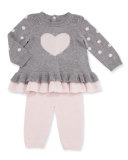 Tiered Heart Sweater w/ Knit Leggings, Gray, Size 3-9 Months