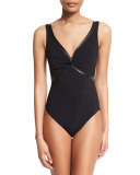 Twisted-Front Pleather-Trim One-Piece Swimsuit, Black