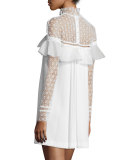 Long-Sleeve Lace-Trim Crepe Mini Dress, White
