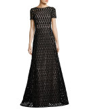 Macrame Lace Short-Sleeve Gown, Black