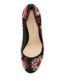Sydnee Embroidered Chunky-Heel Pump, Black Floral