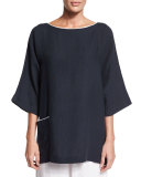 3/4-Sleeve Two-Tone Linen T-Shirt, Navy/White