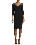 3/4-Sleeve Stretch Jersey Cocktail Dress, Black