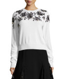 Beaded Floral-Embellished Sweater, White/Black