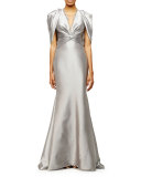 Draped-Shoulder V-Neck Mermaid Gown, Silver
