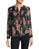 Meadows Floral-Print Pintuck Blouse, Caviar