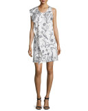Sleeveless Draped Floral Silk Dress, Lilac/White