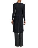 Long-Sleeve Button-Front Plisse Duster, Navy