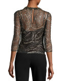 Glitter Tulle 3/4-Sleeve Top, Black