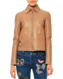 Rockstud-Trim Leather Jacket, Camel Rose