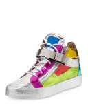 Multicolored Metallic Mid-Top Leather Sneaker, Multi