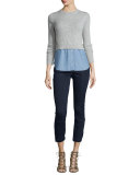 Cati Wool Shirttail Combo Sweater, Gray/Blue