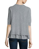 Layered-Hem Short-Sleeve Sweater, Heather Gray
