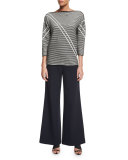 Pintucked 3/4-Sleeve Striped Sweater, Black Multi 