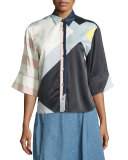 Toriya Short-Sleeve Printed Satin Blouse, Multicolor