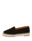 Scalloped Suede Espadrille Flat, Black