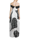 Off-the-Shoulder Bicolor Lace High-Low Gown, Ivory/Jet