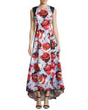 Academy Sleeveless Floral Ottoman Gown, Red/Blue