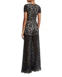 Mariam Short-Sleeve Wide-Leg Lace Jumpsuit, Multicolor