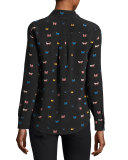 Kate Butterfly-Print Georgette Shirt, Black