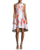 Sleeveless Floral Jacquard Cut-Out Back High-Low Dress