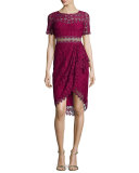 Short-Sleeve Lace Faux-Wrap Illusion Dress 