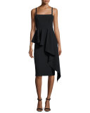 Italian Cady Cascading Ruffle Midi Sheath Dress