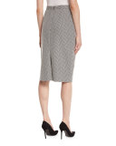 Herringbone Fishtail-Back Pencil Skirt, Black