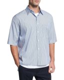 Boxy-Fit Pleated Short-Sleeve Shirt, Navy