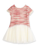Short-Sleeve Tweed & Mesh Fit-and-Flare Dress, Pink, Size 5-8