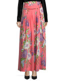 Floral-Print D-Ring Silk Midi Skirt, Pink