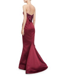Strapless Angled Satin Trumpet Gown, Burgundy