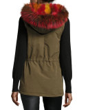 Milt Hooded Fox-Trim Vest, Green