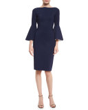 Bell-Sleeve Midi Cocktail Dress, Navy