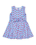 Sleeveless Knotted Cherry Circle Dress, Blue, Size 2-6X