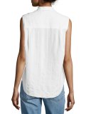 Sleeveless Gauze Tuxedo Shirt, White