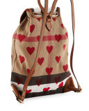 Chiltern Check Hearts Medium Canvas Backpack, Parade Red/Tan