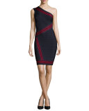 One-Shoulder Striped Bandage Dress, Indigo/Red