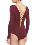 Long-Sleeve Lace-Up Jersey Bodysuit, Wine