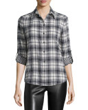 Piper Long-Sleeve Plaid Blouse, Black/White